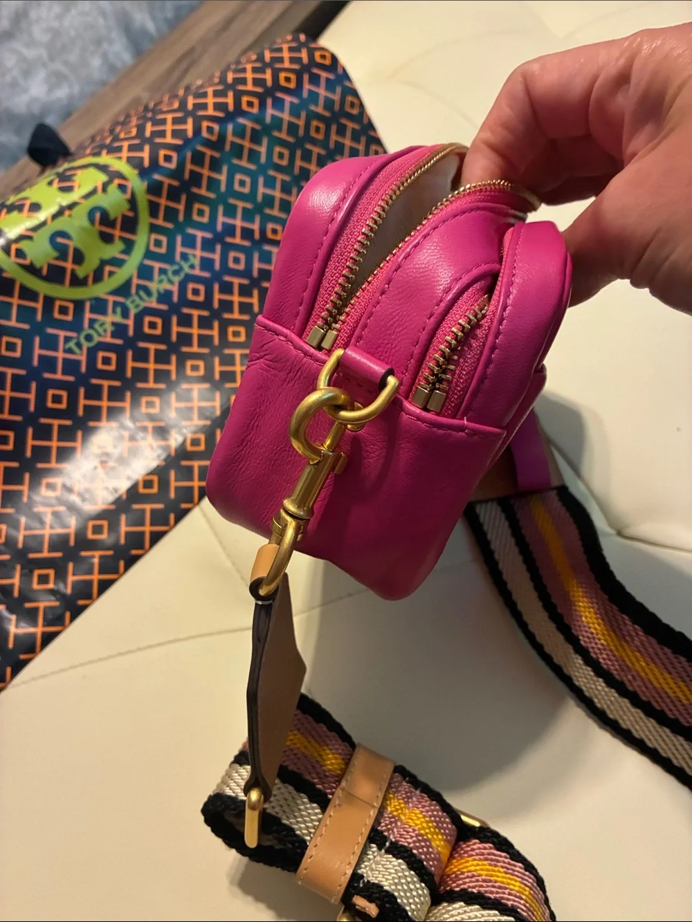 Tory Burch Fuchsia Embossed Leather Crossbody with Striped Web Strap